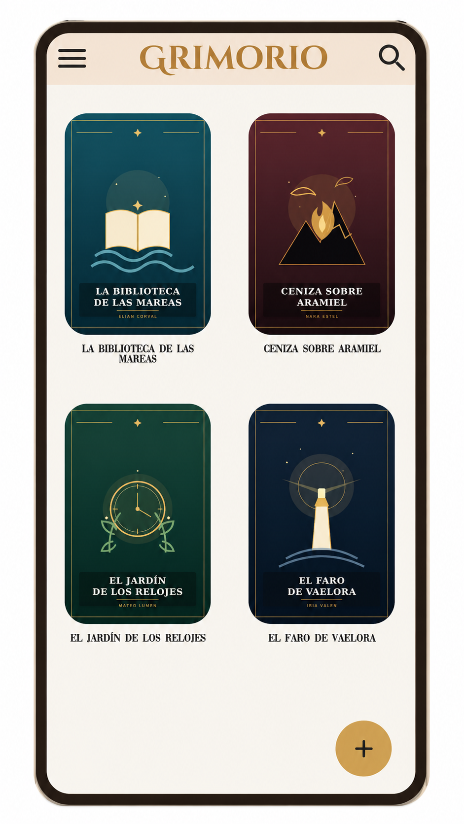 Pantalla de biblioteca principal de Grimorio